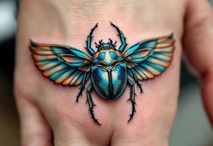 A turquoise scarab beetle with outspread copper wings, representing rebirth and transformation. tattoo idea