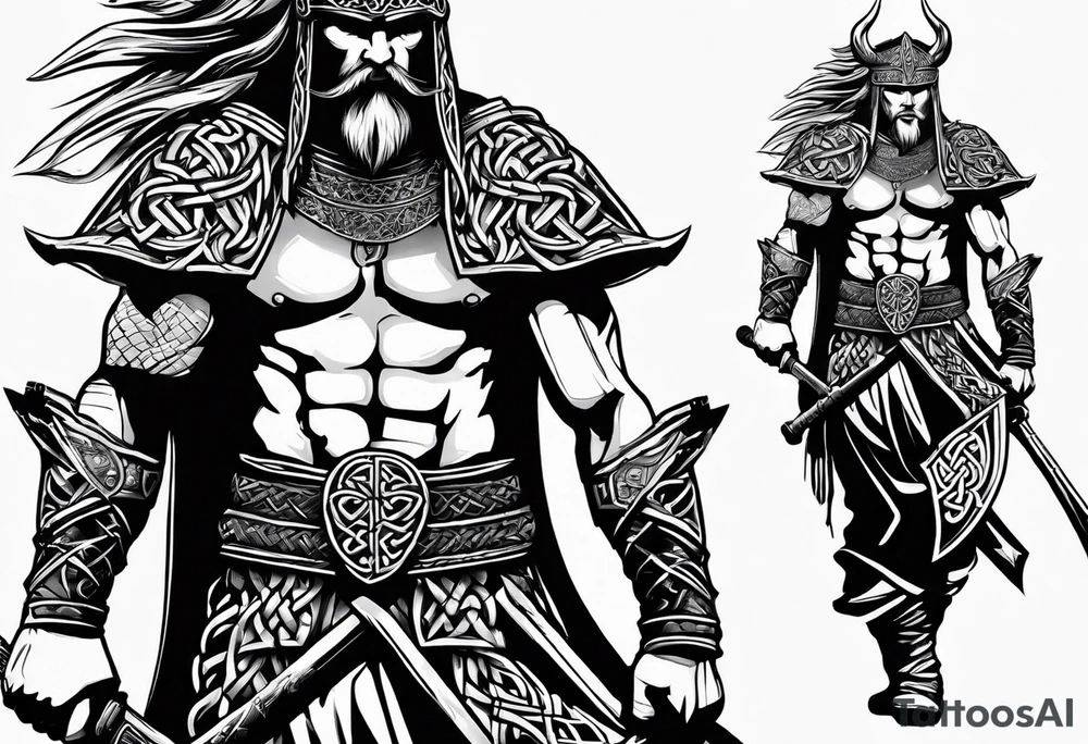full body shot of a Celtic warrior with weapons unsheathed tattoo idea