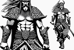 full body shot of a Celtic warrior with weapons unsheathed tattoo idea
