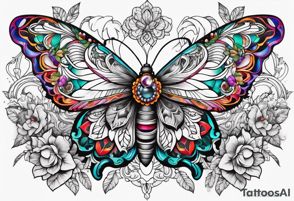 ornaments of flowers and moth with crystals 
chest piece tattoo idea