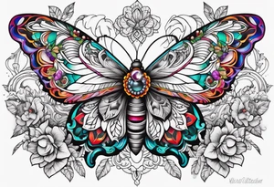 ornaments of flowers and moth with crystals 
chest piece tattoo idea