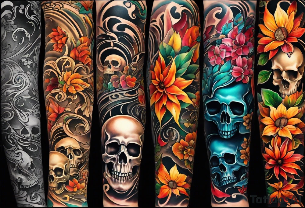 arm sleeve with fall colors, flowers, water flow shapes, leaves and various natural shapes, music notes, skulls tattoo idea