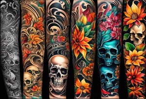 arm sleeve with fall colors, flowers, water flow shapes, leaves and various natural shapes, music notes, skulls tattoo idea