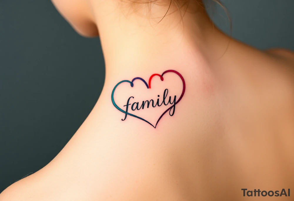 Colorful heart-shaped infinity symbol loop endings, and the word "family" elegantly placed at the center in a soft script tattoo idea