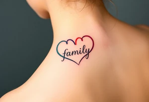 Colorful heart-shaped infinity symbol loop endings, and the word "family" elegantly placed at the center in a soft script tattoo idea