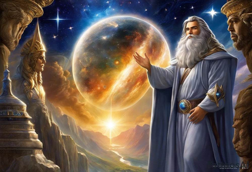Jehovah looking out at the marvels of his creation from the atoms to the galaxy and celestial beings. With grey wash and a fantasy theme. Jehovah has to be a character who is so majestic, charismatic, immensely powerful. There isnt a single thing he isnt capable of doing. Infinitely powerful forward facing. Without the pagan styled attire and without the pagan symbols etceterashirtless, large muscular athletic physique, deep muscle definition tattoo idea