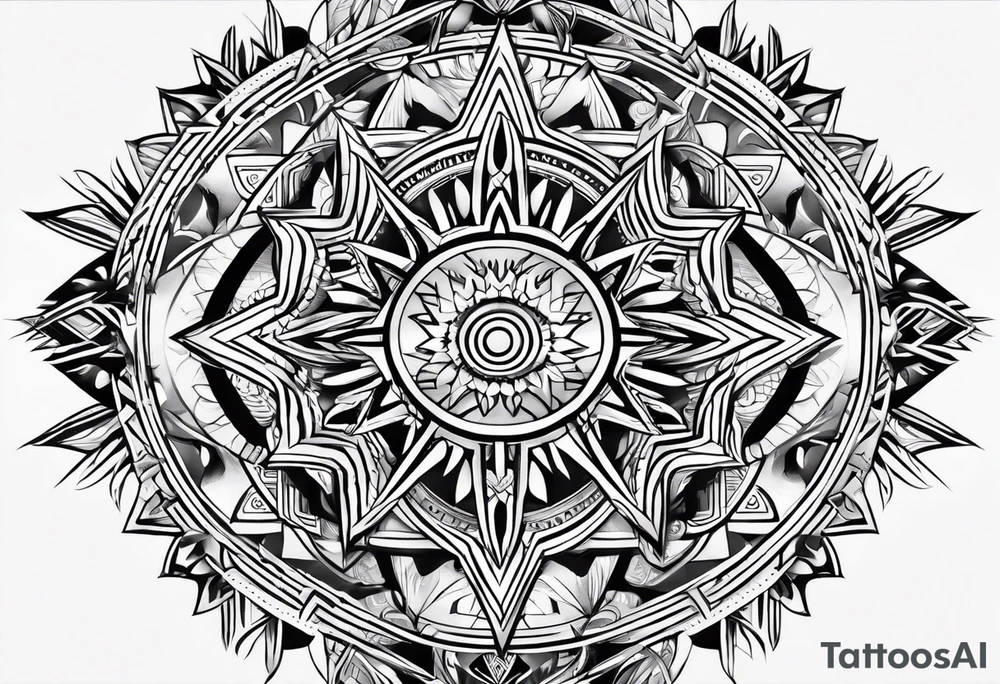 Tribal sleeve with rays of light background tattoo idea