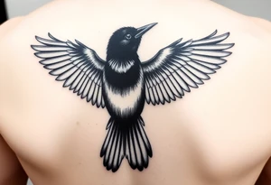 Magpie with spread wings looking over it's shoulder tattoo idea