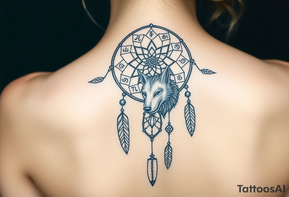 Dreamcatcher with zodiac symbols and protection runes caught in it with wolf teal tattoo idea