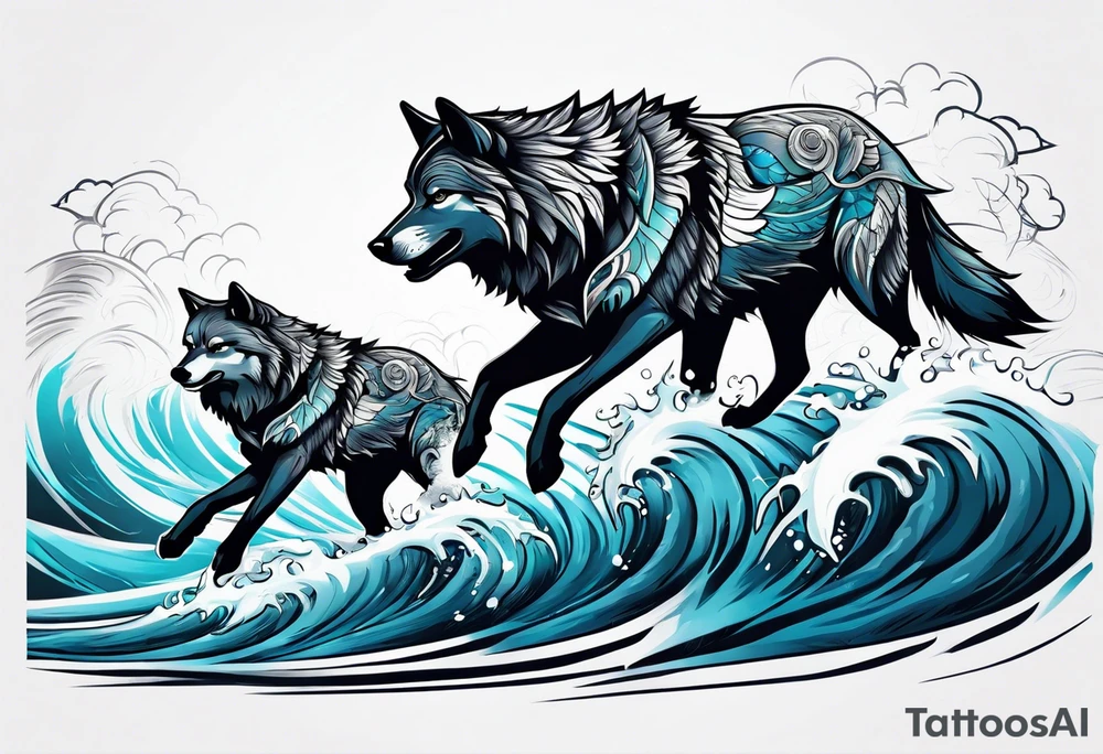 a pack muscular of gray wolves surfing tattoo idea