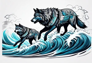 a pack muscular of gray wolves surfing tattoo idea