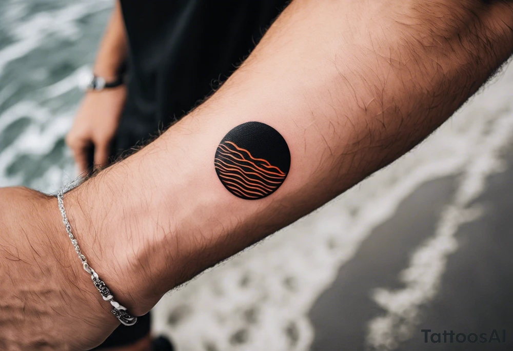 This is an extremely simple and minimalistic tattoo on male forearm. It is black and white with minuscule splashes of orange from the sun. The tattoo 4 inches wide by 2 inches tall. I is NOT a circle. From the perspective of being on the ocean, Water is calm, with no waves in sight, the sun is setting behind the ocean, reflecting light onto the ocean. tattoo idea