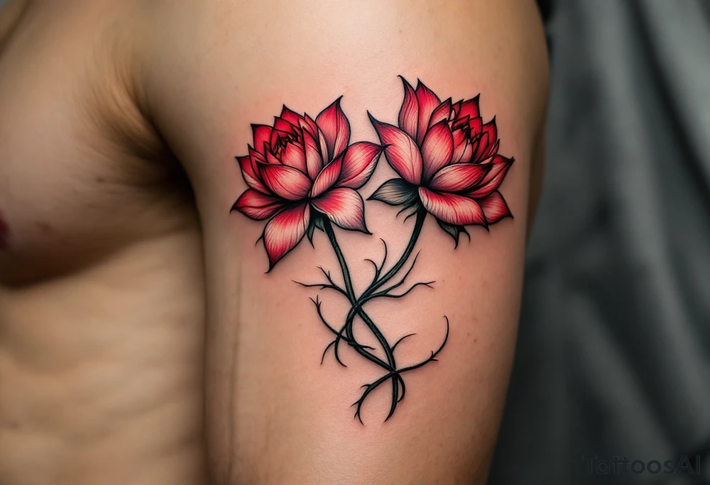 two lotus flowers intertwined (red and black) tattoo idea