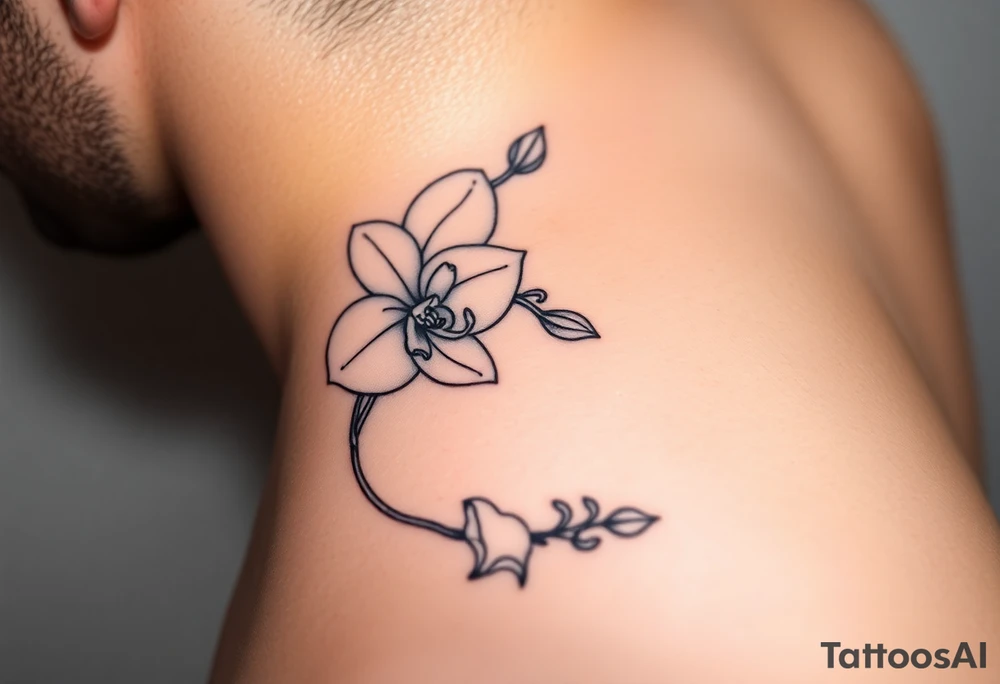 Line tattoo that uses the Venezuelan coastline as the stem of an orchid flower tattoo idea