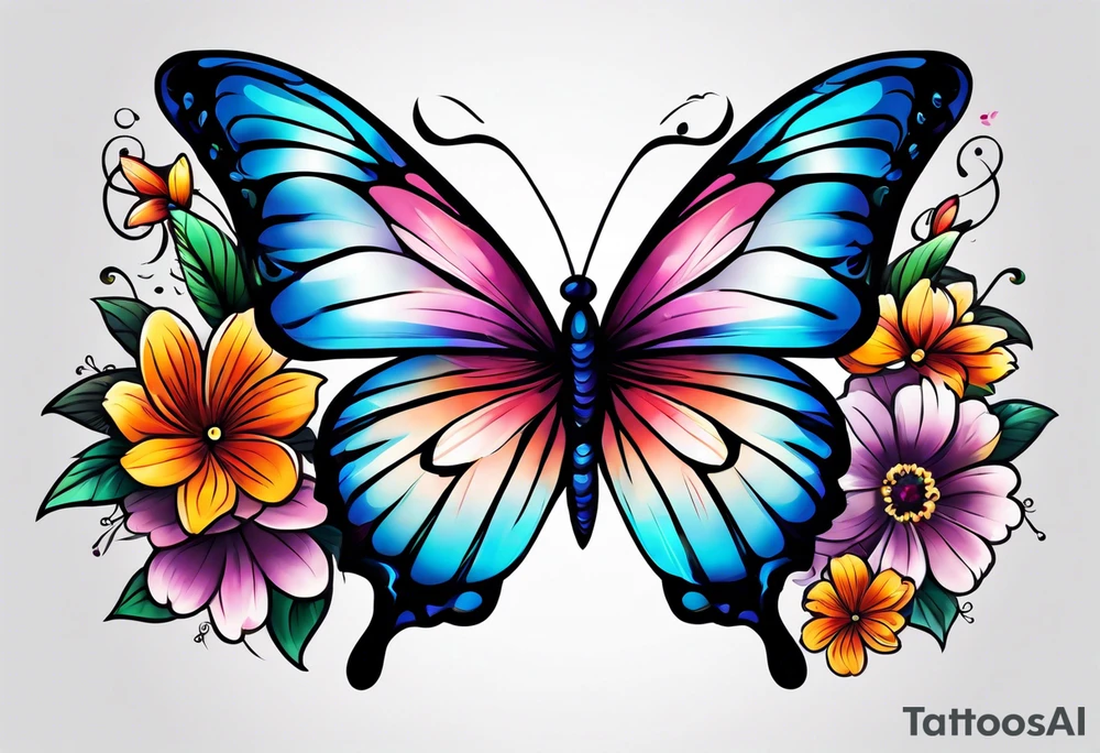 Sleeve with butterflies and colorful flowers tattoo idea