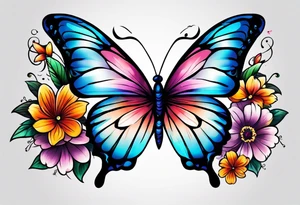 Sleeve with butterflies and colorful flowers tattoo idea