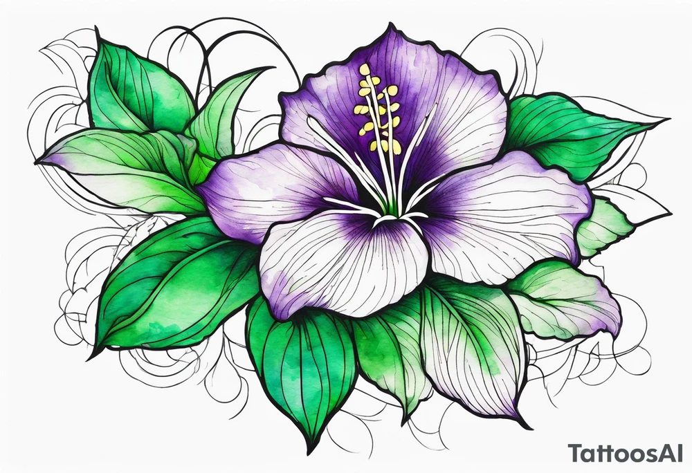 An outline of a rio dipladenia flower with a green and purple watercolor mix in the background tattoo idea