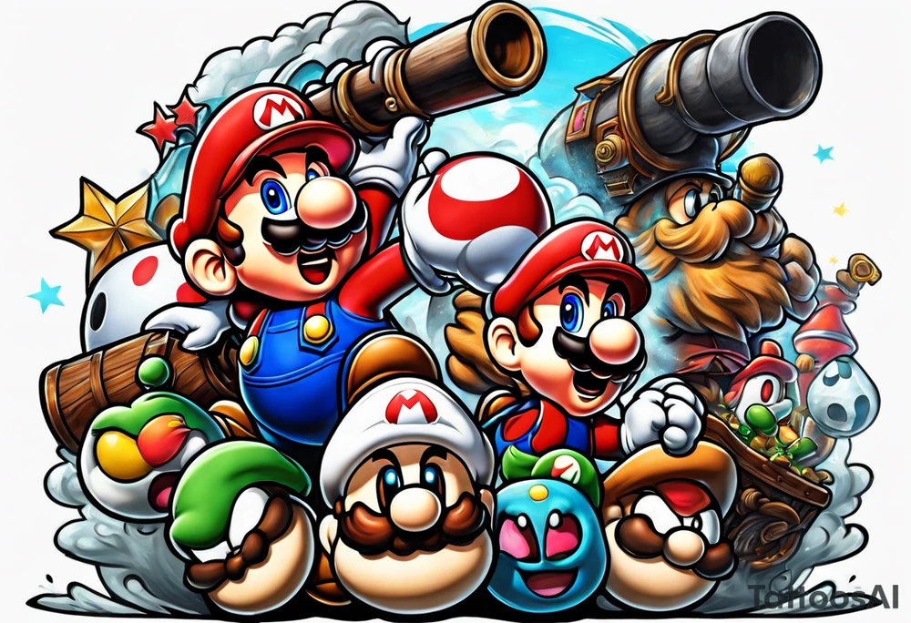 Mario ghosts and goombas with canons tattoo idea