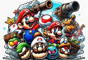 Mario ghosts and goombas with canons tattoo idea