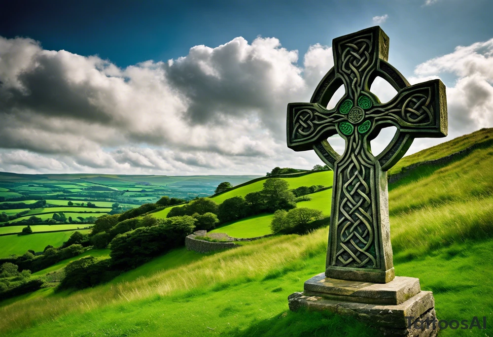 A large, weathered stone Celtic cross standing proudly atop a lush green hill, its four arms stretching skyward. The cross is intricately carved with intertwining knots and spirals, reflecting the artistry of the ancient Celts. A large raven sits perched at the intersection of the cross's arms, its ebony feathers gleaming in the soft light. The bird's eyes seem to hold a wisdom beyond its years, as if it has been witness to countless generations come and gone. tattoo idea