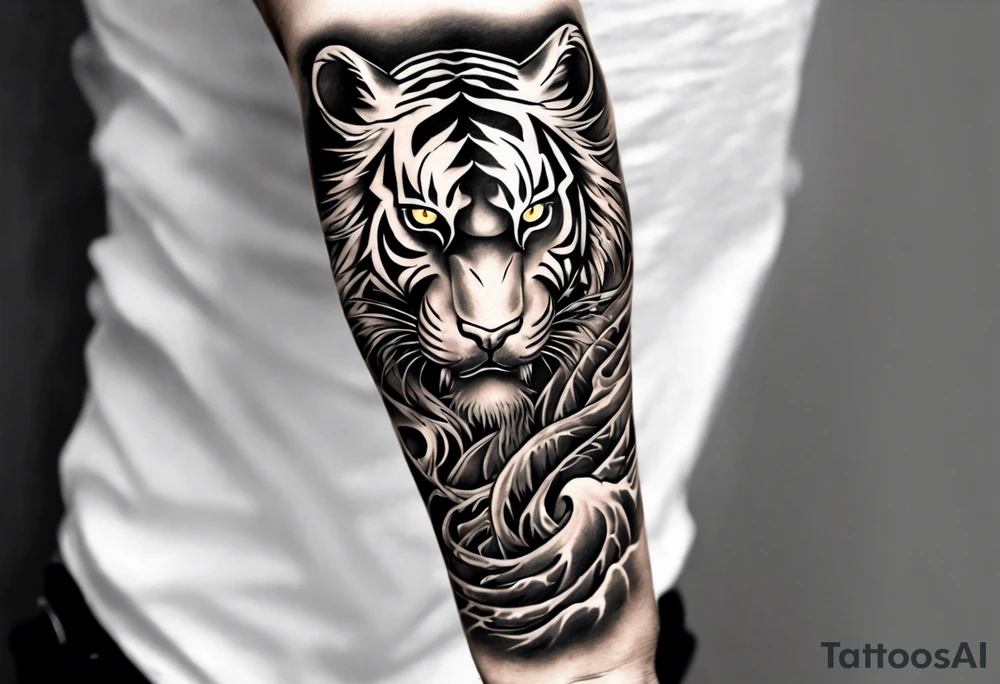 Tiger Warrior sleeve tattoo with lightning and the sun
Forearm sleeve tattoo idea
