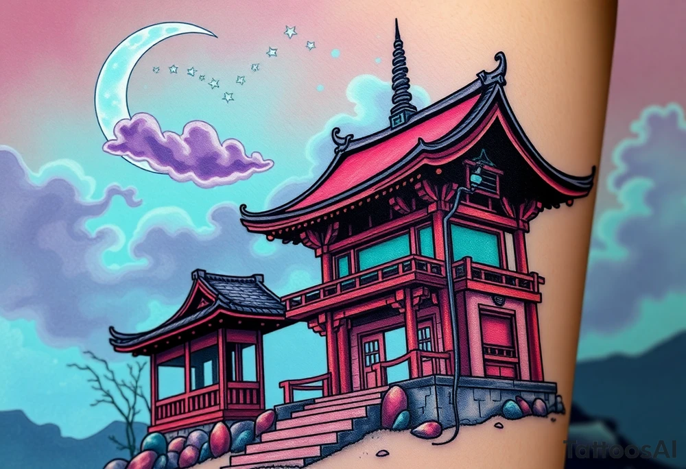Tim Burton’s haunted pastel Tokyo shrine is abandoned and dripping with muted reds, dusty pinks, and eerie green glow.purple and cyan smokey clouds swirl in the crescent moonlit sky thats sprinkled with stars tattoo idea tattoo idea