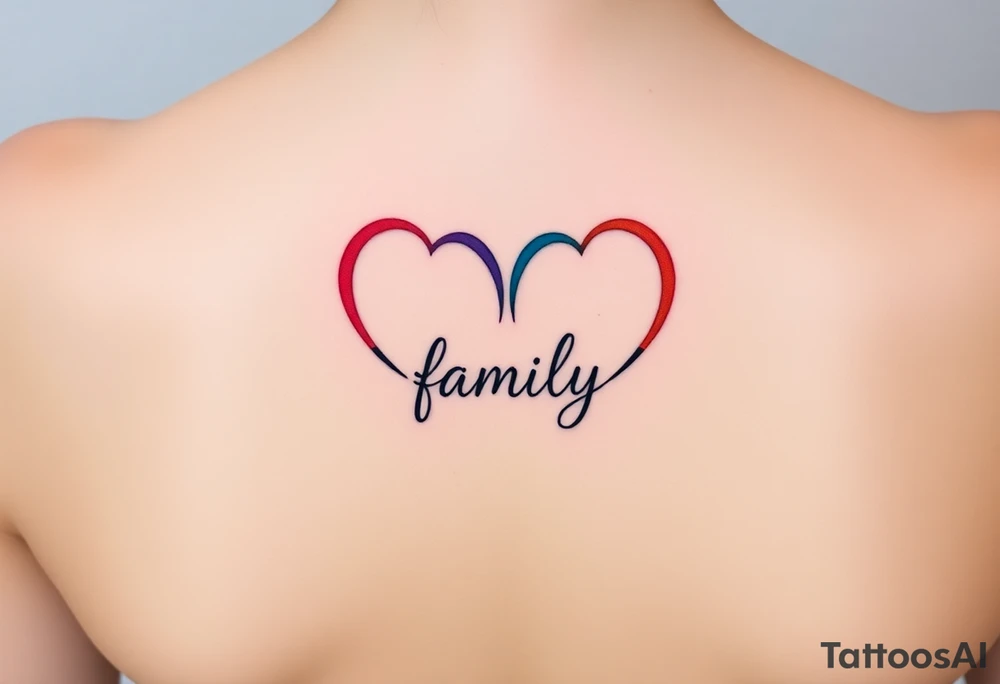 Colorful heart-shaped infinity symbol loop endings, and the word "family" elegantly placed at the center in a soft script tattoo idea