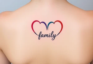 Colorful heart-shaped infinity symbol loop endings, and the word "family" elegantly placed at the center in a soft script tattoo idea
