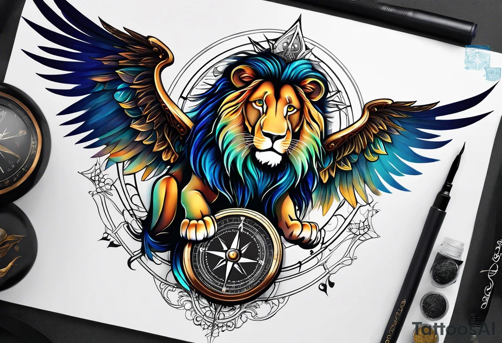 Lion with wings compass tattoo idea