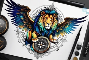 Lion with wings compass tattoo idea