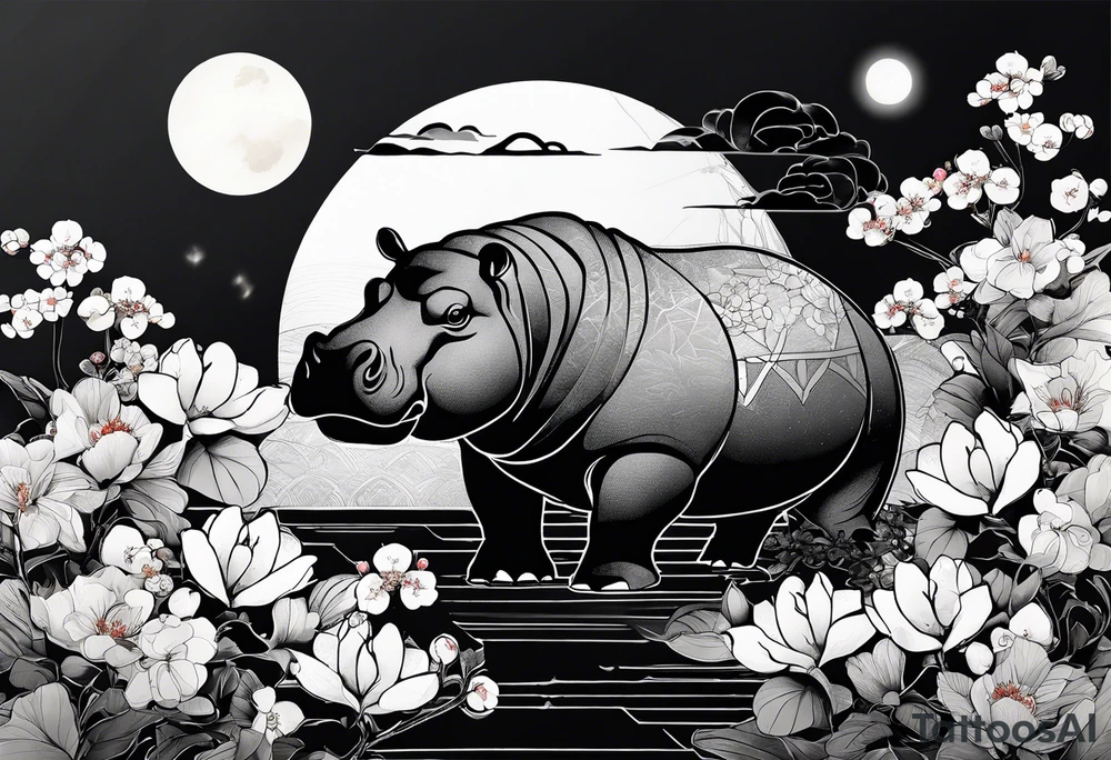 Asymmetrical, geometric, chinese ink art touch, hippo , full moon, wintersweet flower, light , modify from my favourite, ratio 9:16 tattoo idea