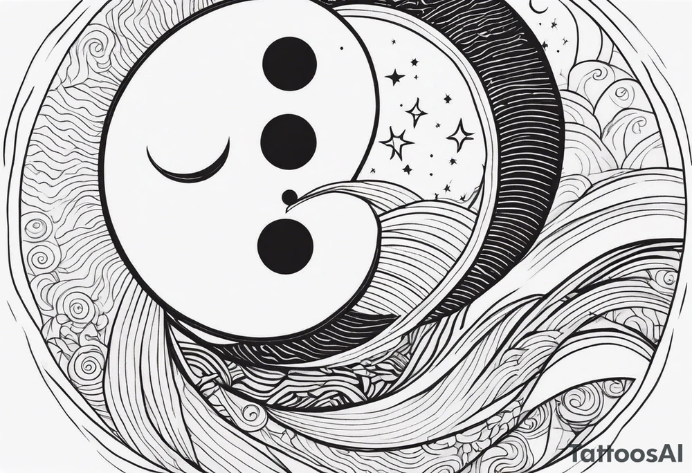 Sun and crescent moon with vintage line along with yin yang tattoo idea