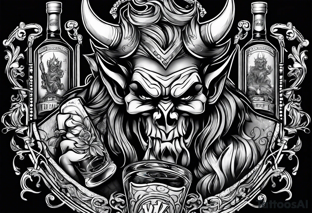 Devil holding whiskey bottle tattoo idea