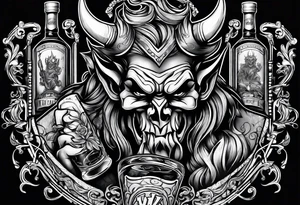 Devil holding whiskey bottle tattoo idea
