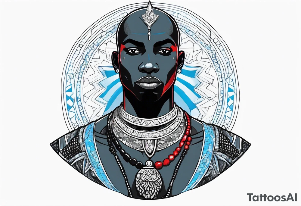 Black-skinned bald african warrior. He wears a simple and small silver crown. He uses two simple necklaces: one blue, other red. tattoo idea