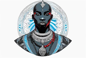 Black-skinned bald african warrior. He wears a simple and small silver crown. He uses two simple necklaces: one blue, other red. tattoo idea