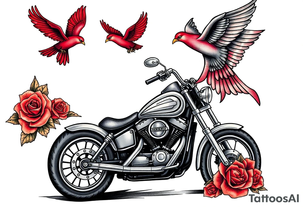 Harley grey motorcycle driving away, two red birds flying, roses, flames, angel wings tattoo idea