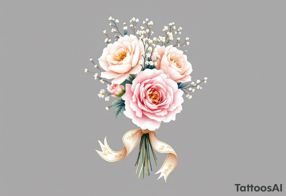 A delicate, hand-tied bouquet of roses, peonies, and baby’s breath, with soft pink, ivory, and pastel peach petals. The stems are wrapped in a silk ribbon with golden embroidery, flowing gently in the wind. Subtle watercolor shading creates a dreamy, romantic feel. tattoo idea