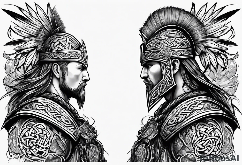 Side profile wide shot of Celtic warrior weapons unsheathed tattoo idea
