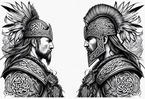 Side profile wide shot of Celtic warrior weapons unsheathed tattoo idea