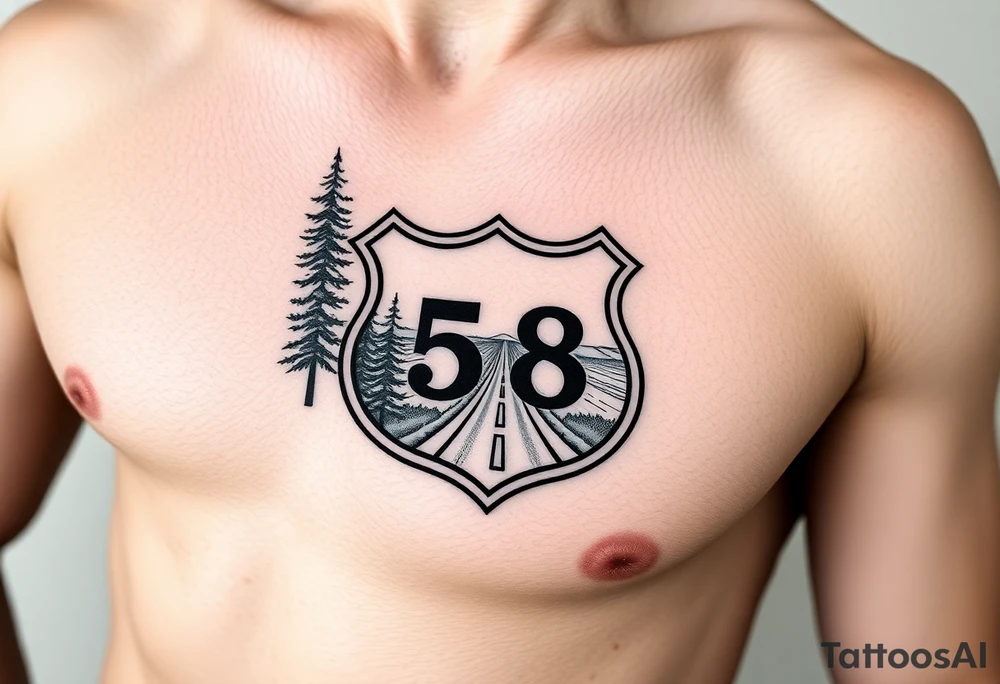 Arm sleeve small State Route sign 558, with trees all around and farm in background, road w/ view facing up the arm tattoo idea