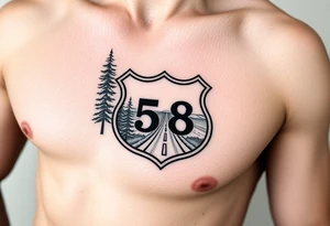 Arm sleeve small State Route sign 558, with trees all around and farm in background, road w/ view facing up the arm tattoo idea