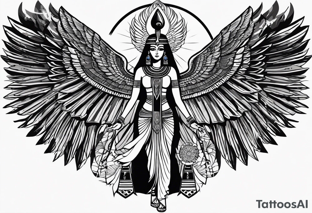 black and white Egyptian goddess Isis, who is often depicted as a woman with outstretched wings, holding an ankh (a symbol of life) in one hand and a lotus flower in the other. Her headdress often includes a throne or a solar disk. The tattoo design can vary in style and size, but it typically aims to capture the essence of this revered Egyptian deity, emphasizing her beauty, power, and maternal qualities. The choice of colors and additional elements can also be customized to create a unique and visually striking representation of the goddess Isis tattoo idea