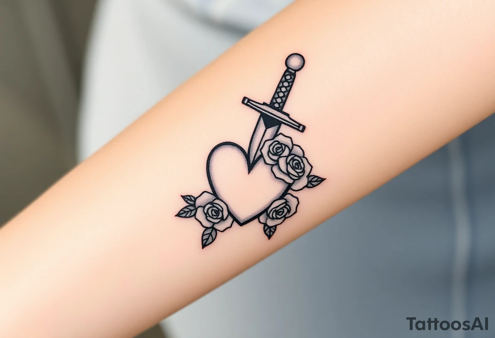 dagger piercing a heart with roses tattoo idea