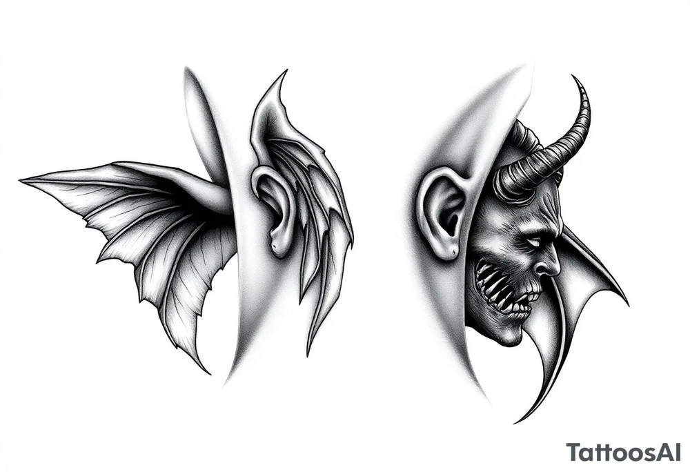 position behind the neck Angel (on the right) whispering in the right ear, demon (on the left) whispering in the left ear tattoo idea