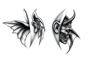 position behind the neck Angel (on the right) whispering in the right ear, demon (on the left) whispering in the left ear tattoo idea