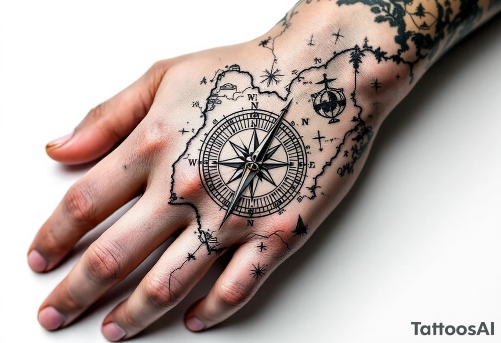 Compass on the hand in the shape of Nigeria with longitude written on the top and latitude written on the bottom. Draw lines from a treasure map connecting from the arm to the tattoo tattoo idea