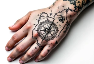 Compass on the hand in the shape of Nigeria with longitude written on the top and latitude written on the bottom. Draw lines from a treasure map connecting from the arm to the tattoo tattoo idea