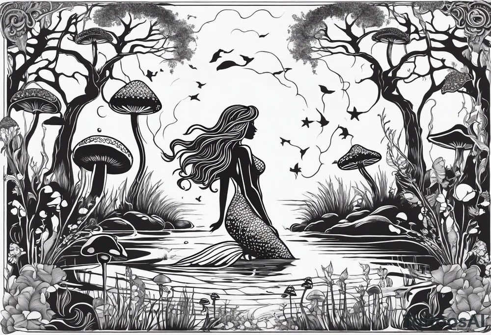 Mermaid silhouette in a swamp with cypress trees, mushrooms and music. tattoo idea