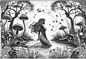 Mermaid silhouette in a swamp with cypress trees, mushrooms and music. tattoo idea